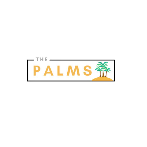 A logo with the text "The Palms" and an image of a palm tree.